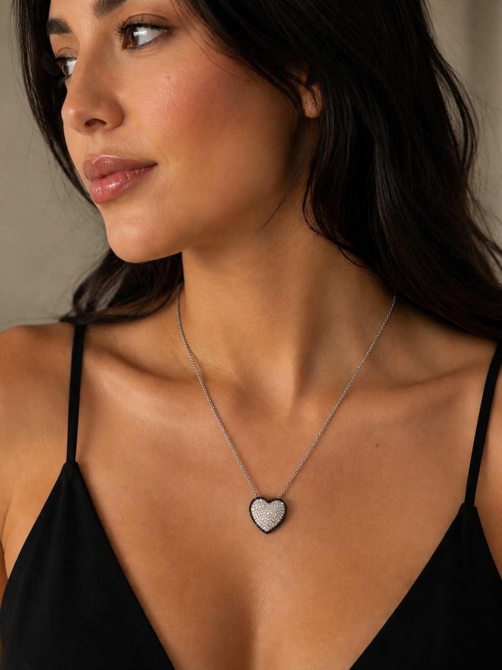 Sterling Silver Heart Pendant Necklace with Pavé Crystals - Silver